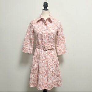 Tuckernuck Pale Pink Leaf Embroidered Button Up Belted Fit Flare 3/4 Sleeve